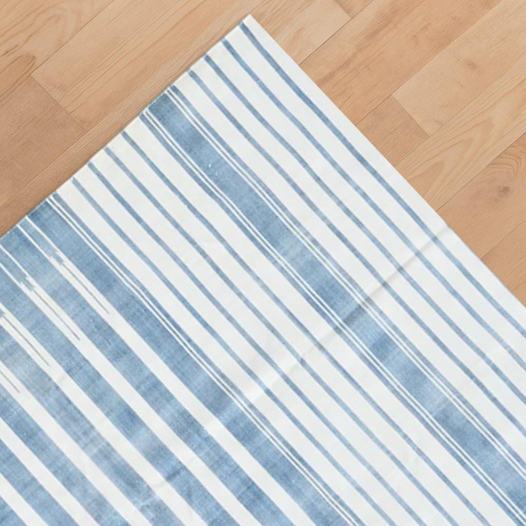 Handmade Kilim Rug Light Blue & White Cotton Flat Weave Modern Striped Rug Durable Handwoven Area Carpet