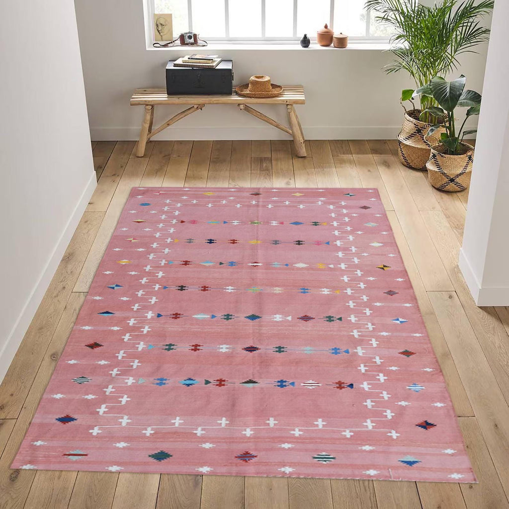Blush Pink Indian Dhurrie Rug - Handmade Cotton Flatweave Area Rug, Modern Scandinavian Kilim Tapestry Wool & Cotton Carpet