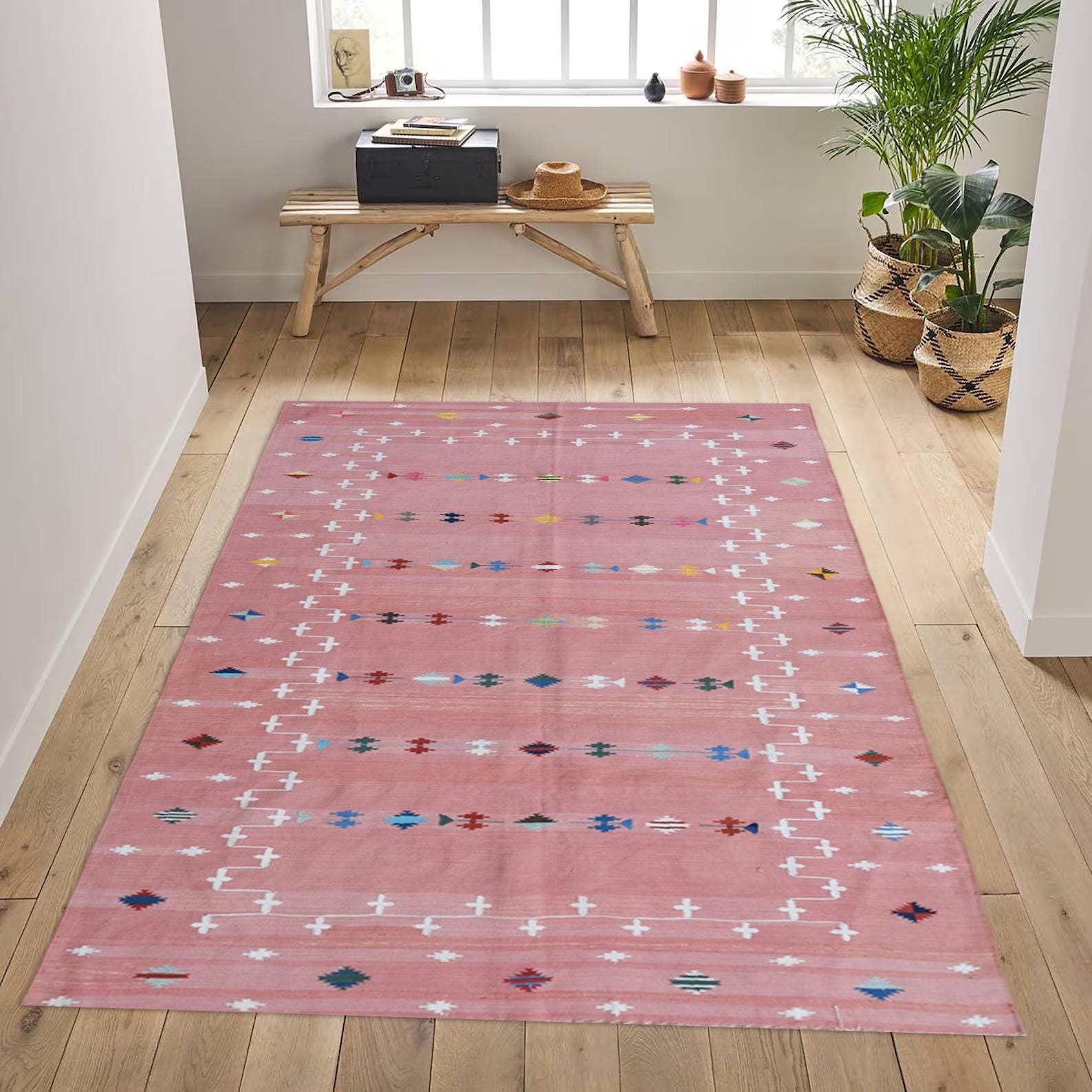 Blush Pink Indian Dhurrie Rug - Handmade Cotton Flatweave Area Rug, Modern Scandinavian Kilim Tapestry Wool & Cotton Carpet