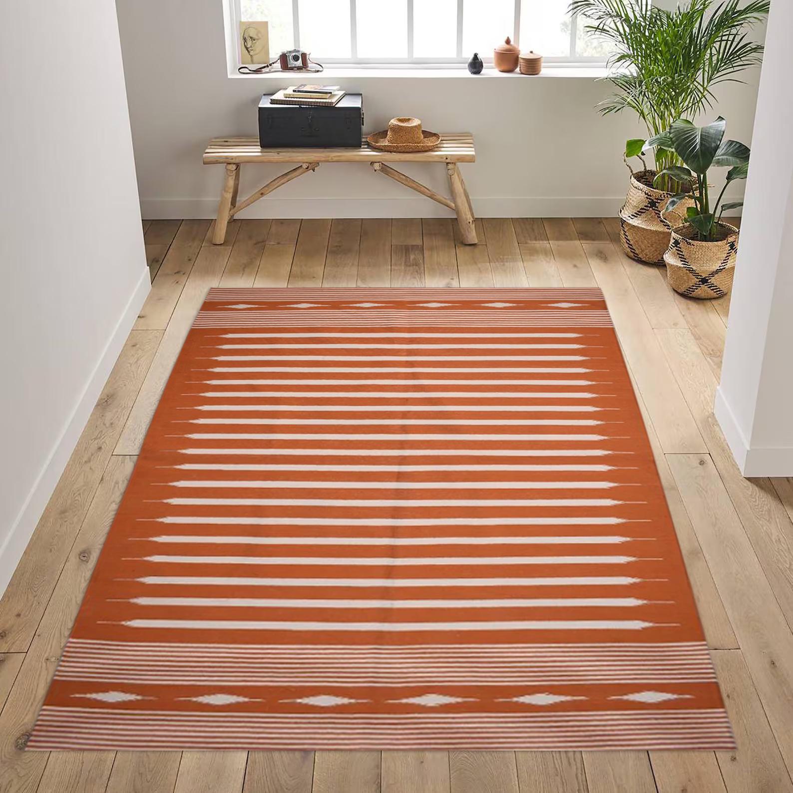 Handmade 8x10 Feet Cotton Area Rug - Bohemian Dhurrie Flatweave Kilim Floor Rug for Dining Room