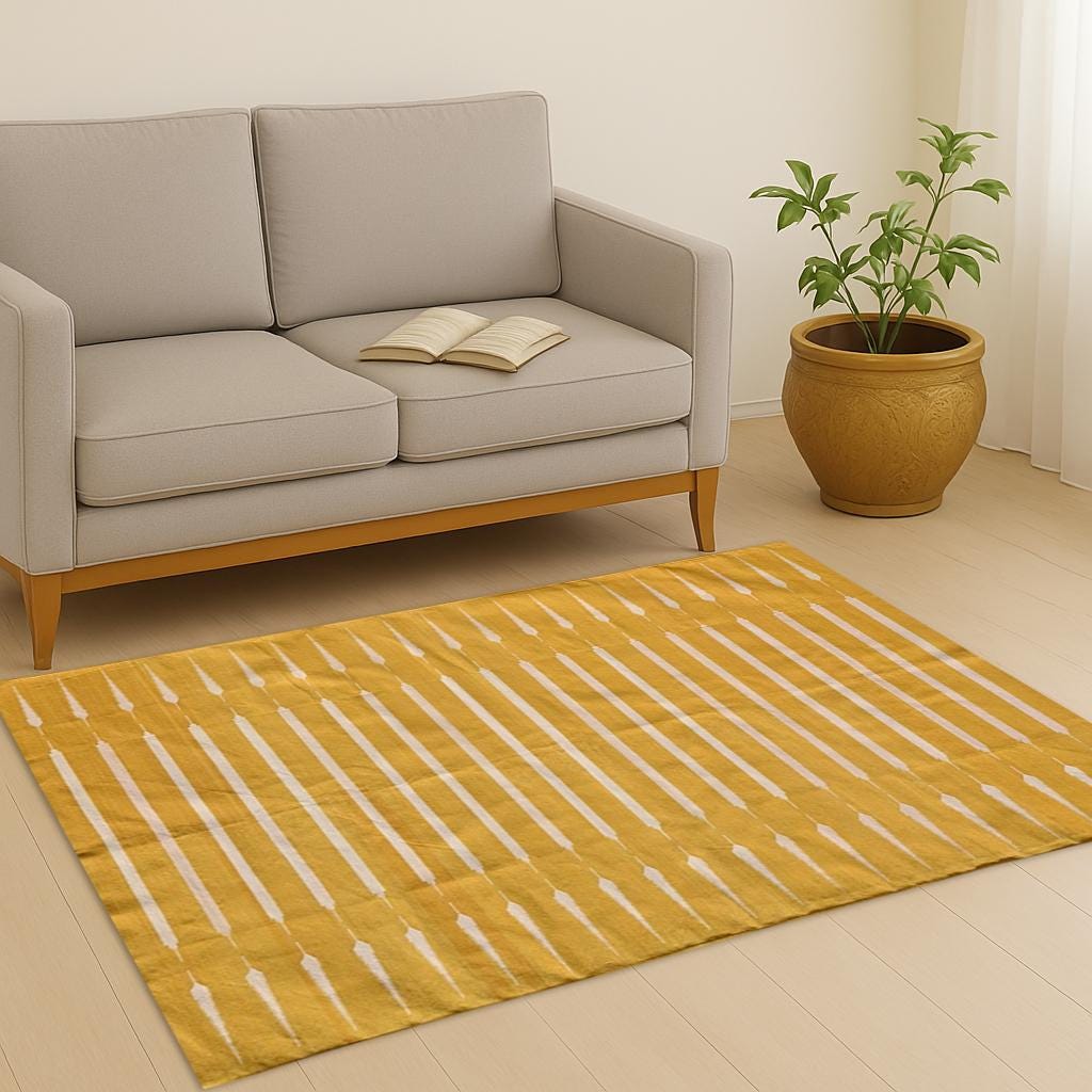 Handmade Yellow and White Striped Cotton Rug Dhurrie – Multiple Sizes Soft Area Carpet for Living Room Decor