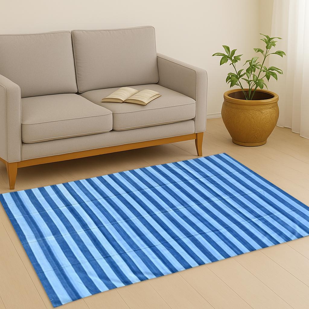 Blue Cotton Rug 10x14 Large Area Rug Soft Durable Floor Carpet for Living Room, Bedroom & Home Decor