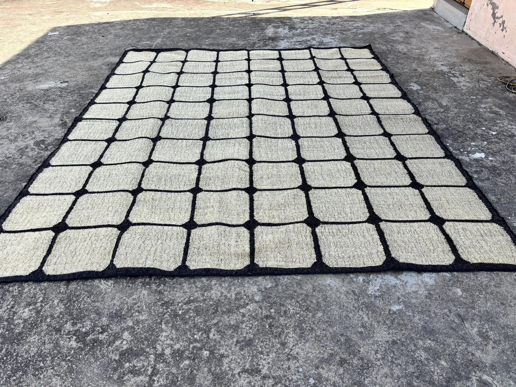 Bohemian Jute Rug, Checker Jute Carpet, Handwoven Farmhouse Floor Mat, Natural Wool Jute Rug, Earthy Boho Home Decor, Grid Area Rug