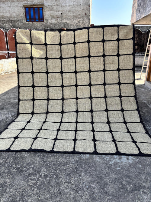 Bohemian Jute Rug, Checker Jute Carpet, Handwoven Farmhouse Floor Mat, Natural Wool Jute Rug, Earthy Boho Home Decor, Grid Area Rug