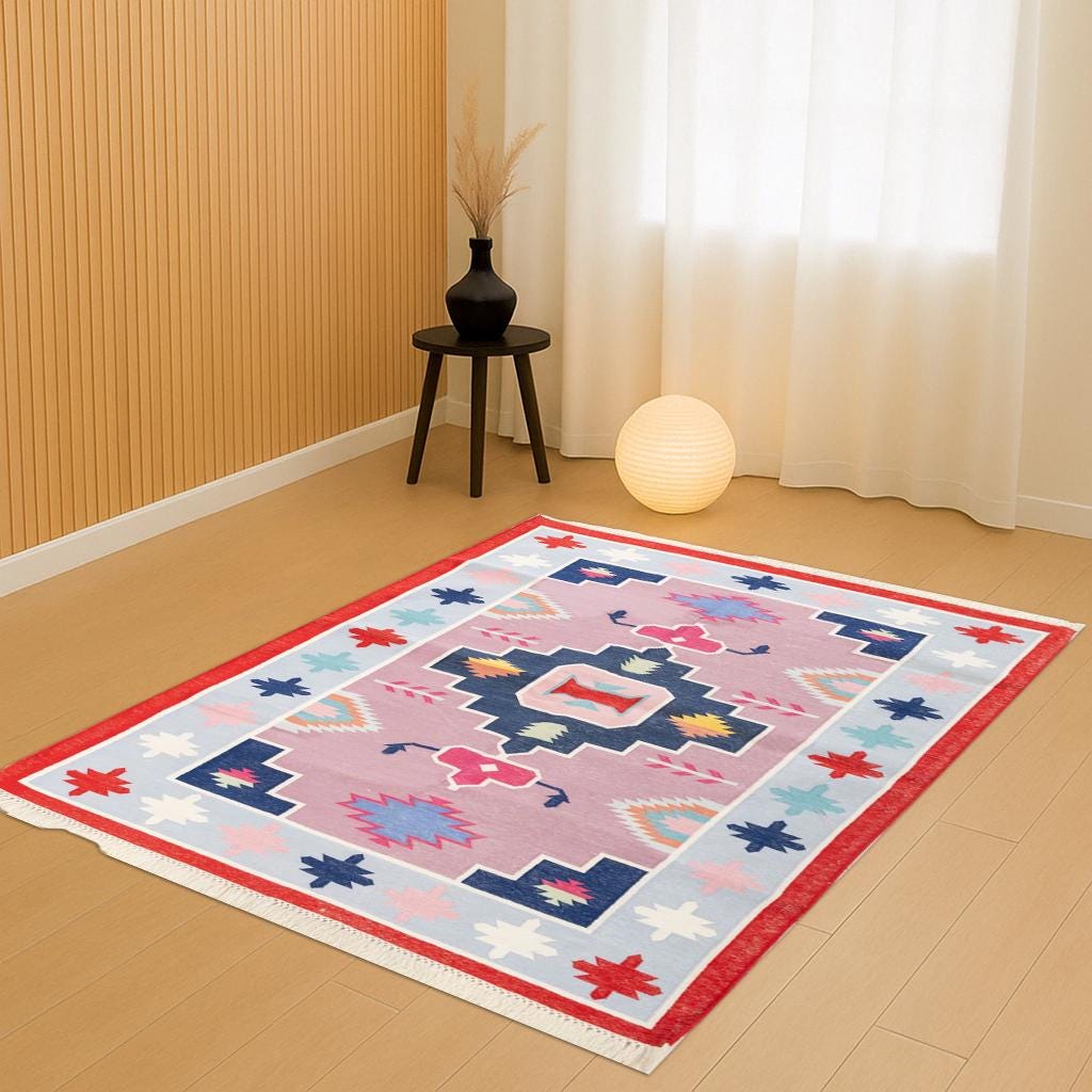 Cotton Kilim Rug, Geometric Area Carpet, Flat Weave Rug, Colorful Living Room Decor, Modern Bedroom Floor Mat, Handwoven Rug, Handmade Rug