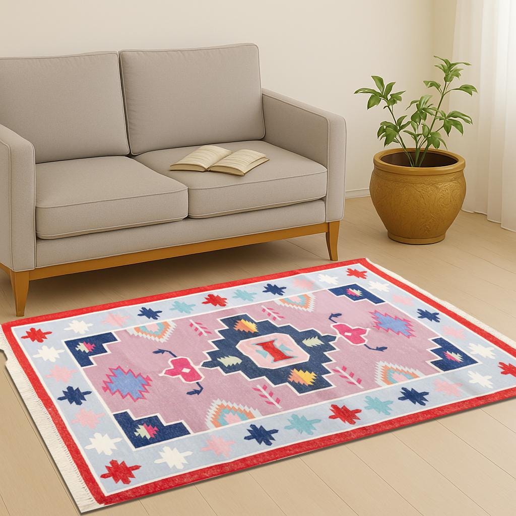 Cotton Kilim Rug, Geometric Area Carpet, Flat Weave Rug, Colorful Living Room Decor, Modern Bedroom Floor Mat, Handwoven Rug, Handmade Rug
