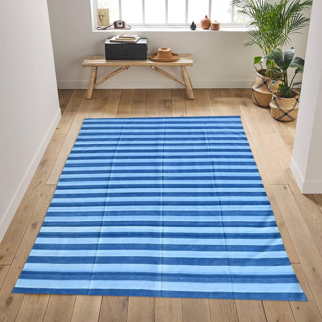 Blue Cotton Rug 10x14 Large Area Rug Soft Durable Floor Carpet for Living Room, Bedroom & Home Decor