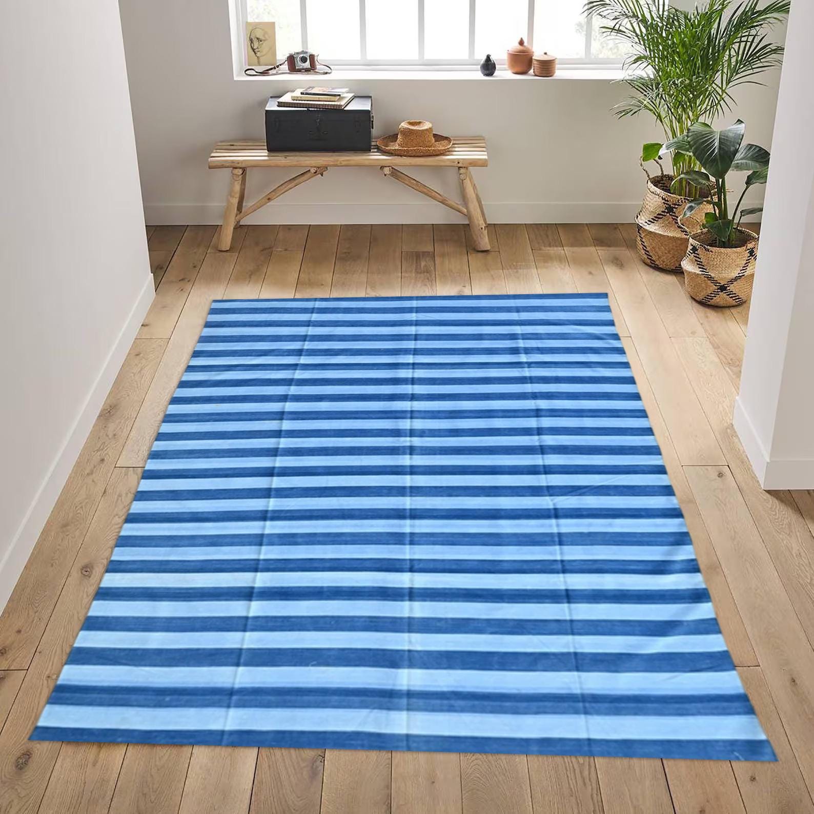 Blue Cotton Rug 10x14 Large Area Rug Soft Durable Floor Carpet for Living Room, Bedroom & Home Decor