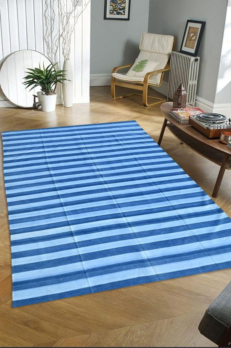 Blue Cotton Rug 10x14 Large Area Rug Soft Durable Floor Carpet for Living Room, Bedroom & Home Decor