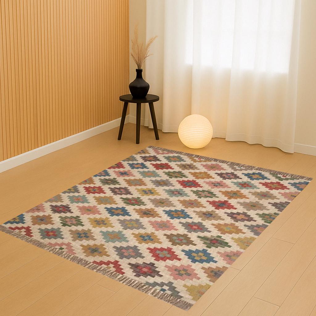 Jute Kilim Rug, Handmade Wool Rug, Dhurrie Boho Rug, 8x10 Area Rug, Kitchen Rug, Dining Table Carpet, Home Decor Floor Rug