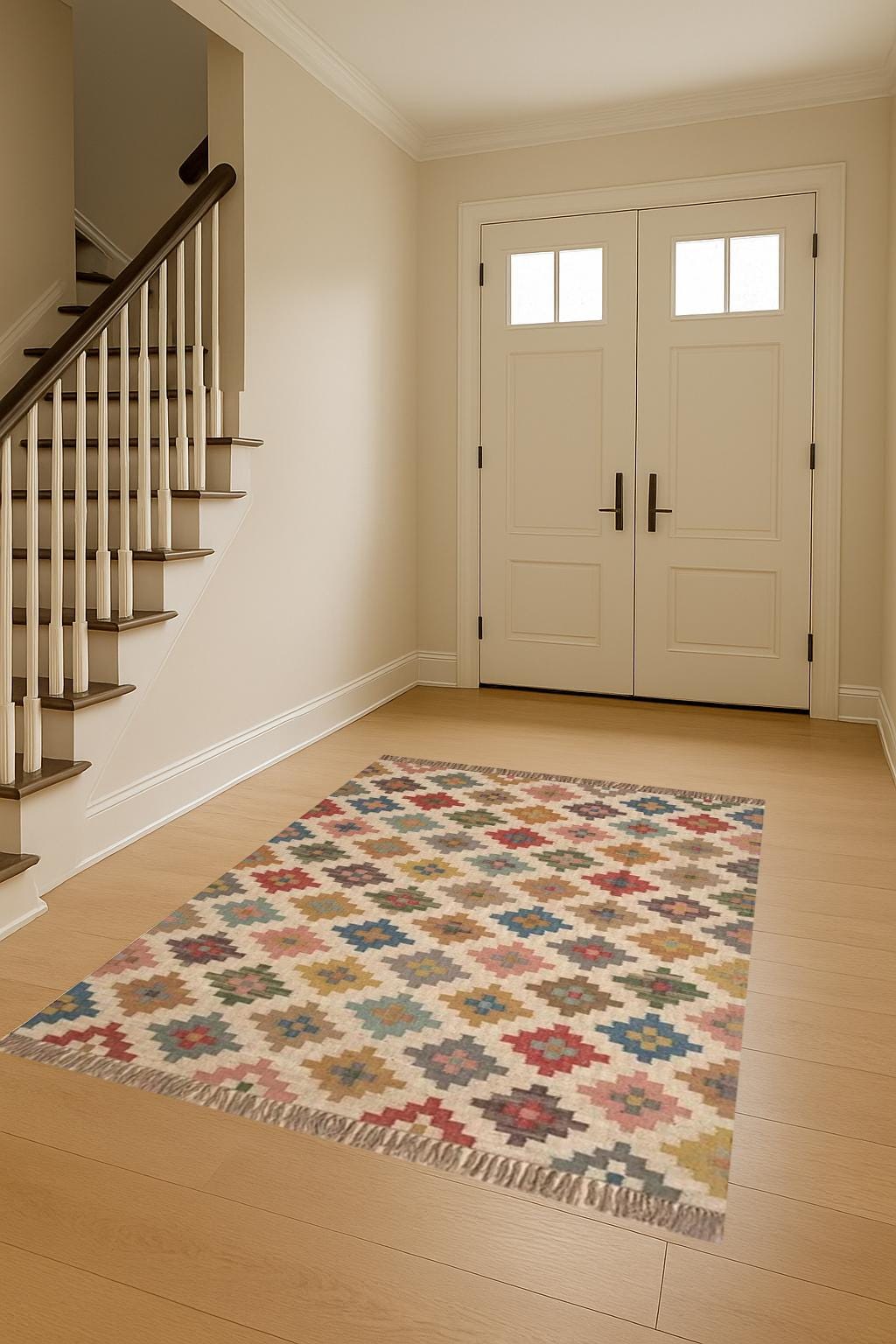 Jute Kilim Rug, Handmade Wool Rug, Dhurrie Boho Rug, 8x10 Area Rug, Kitchen Rug, Dining Table Carpet, Home Decor Floor Rug