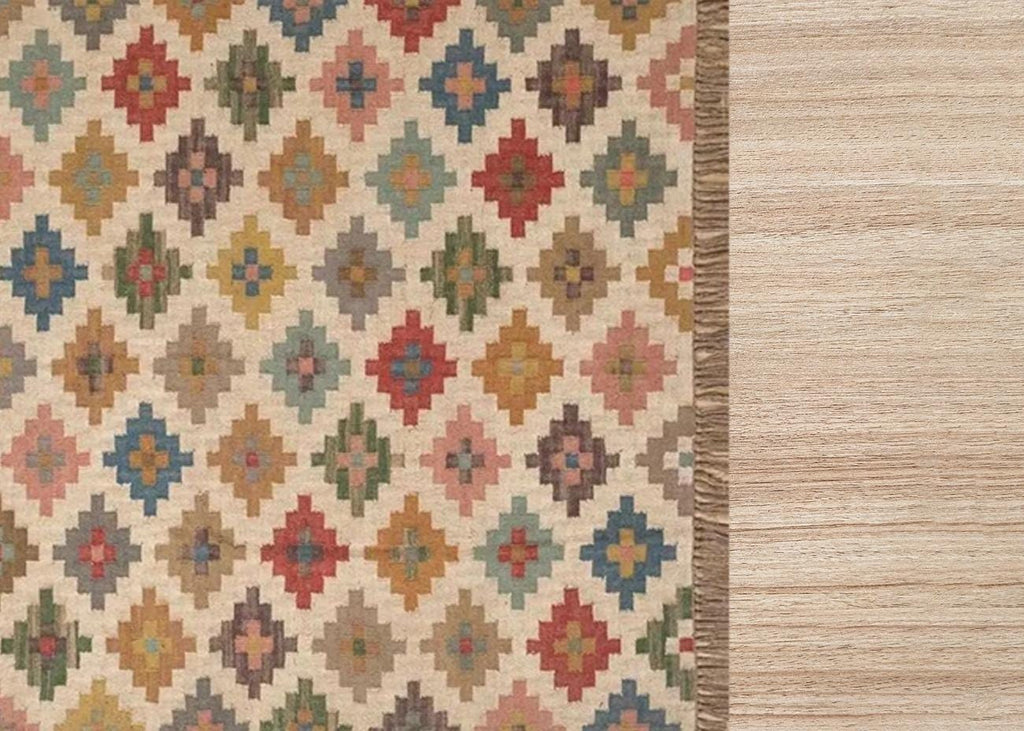 Jute Kilim Rug, Handmade Wool Rug, Dhurrie Boho Rug, 8x10 Area Rug, Kitchen Rug, Dining Table Carpet, Home Decor Floor Rug