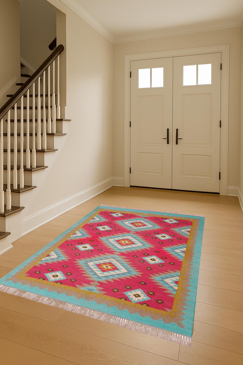 Handmade Wool Rug, Jute Aztec Rug, Navajo Kilim Rug, Accent Rug, Indoor Outdoor Rug, Boho Carpet, 5x7 Area Rug, Living Room Decor
