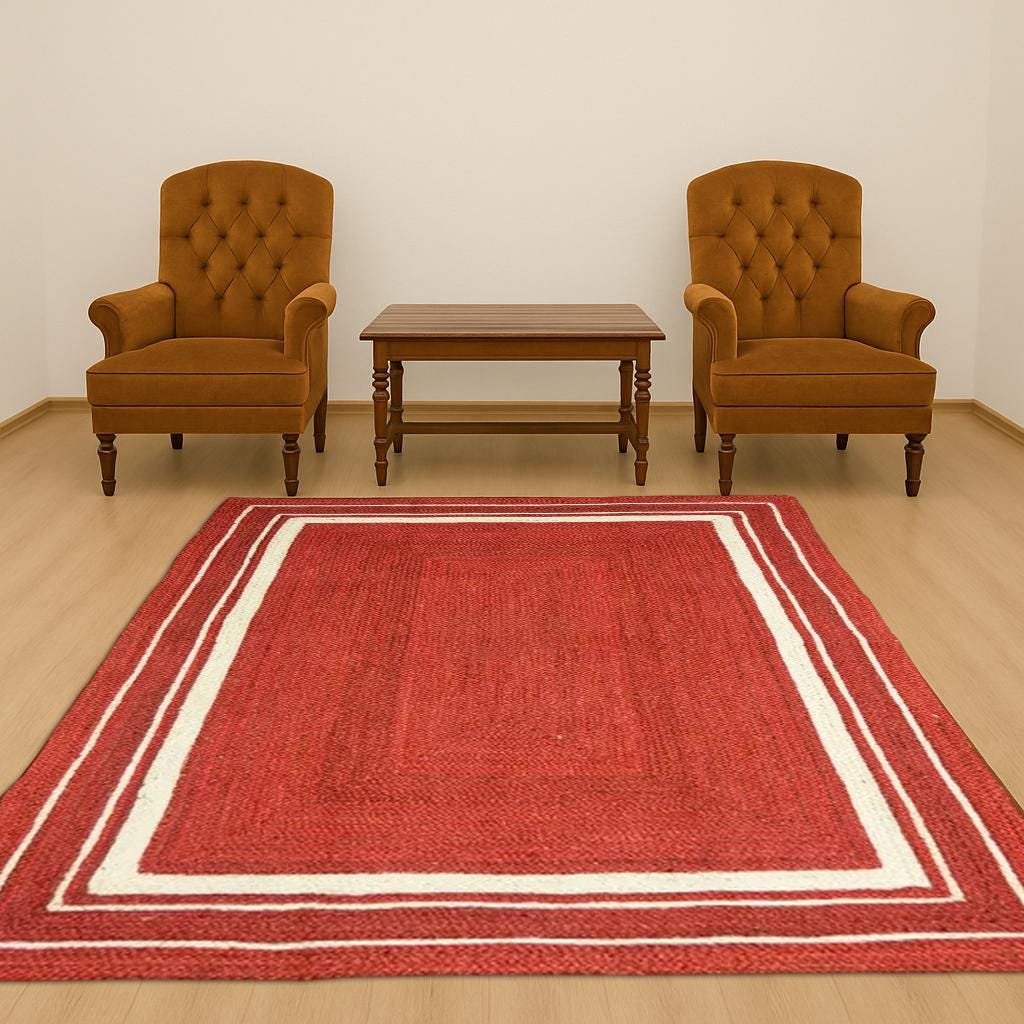Indian Hand Braided Jute Rug, Red Jute With White Border, Rectangle Shape Rug, Runner Indian Hand Braided Bohemian Jute Runner Rug Area Rug
