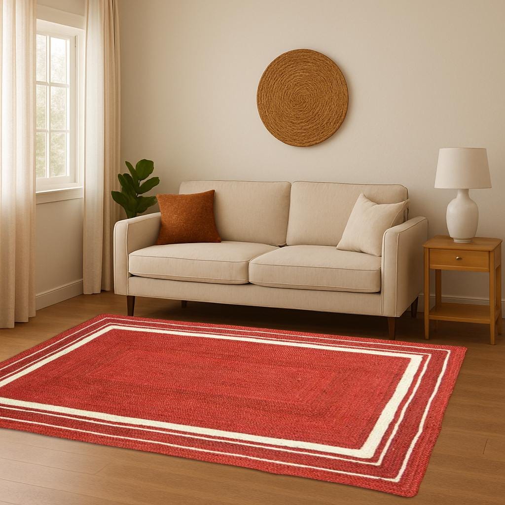 Indian Hand Braided Jute Rug, Red Jute With White Border, Rectangle Shape Rug, Runner Indian Hand Braided Bohemian Jute Runner Rug Area Rug