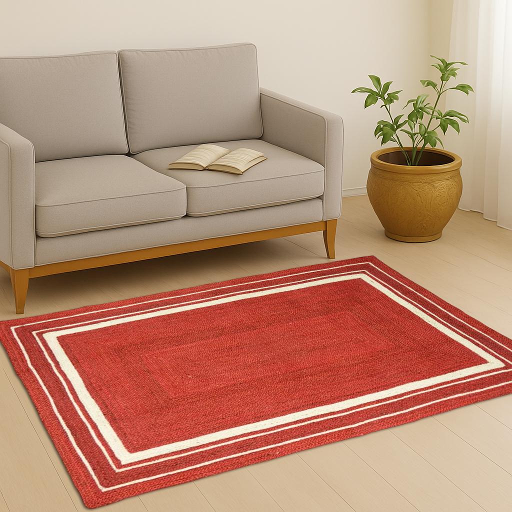 Indian Hand Braided Jute Rug, Red Jute With White Border, Rectangle Shape Rug, Runner Indian Hand Braided Bohemian Jute Runner Rug Area Rug