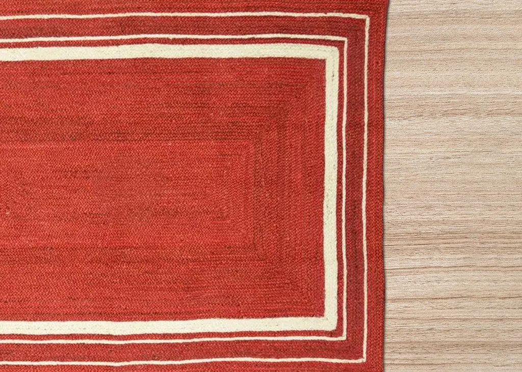 Indian Hand Braided Jute Rug, Red Jute With White Border, Rectangle Shape Rug, Runner Indian Hand Braided Bohemian Jute Runner Rug Area Rug