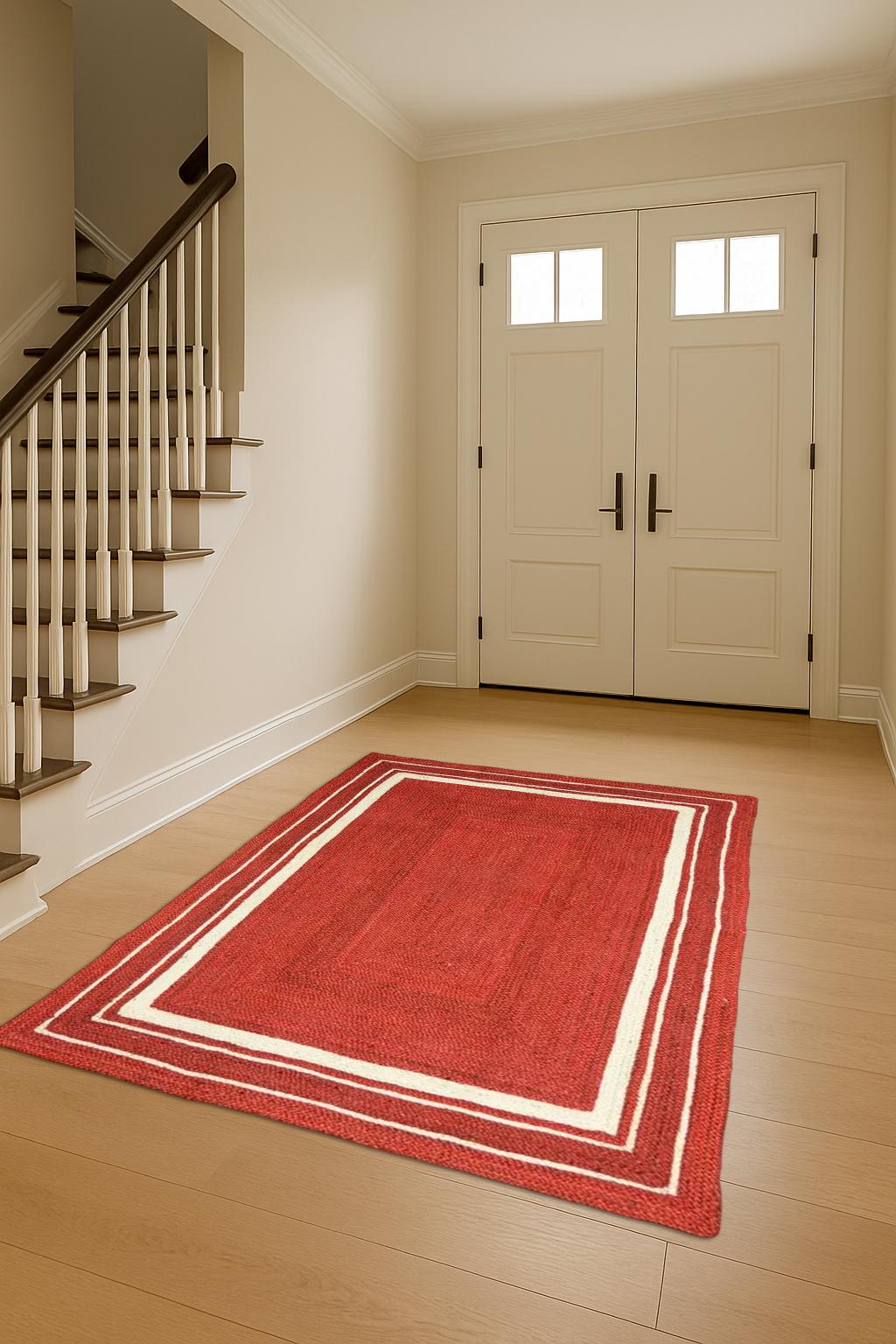 Indian Hand Braided Jute Rug, Red Jute With White Border, Rectangle Shape Rug, Runner Indian Hand Braided Bohemian Jute Runner Rug Area Rug