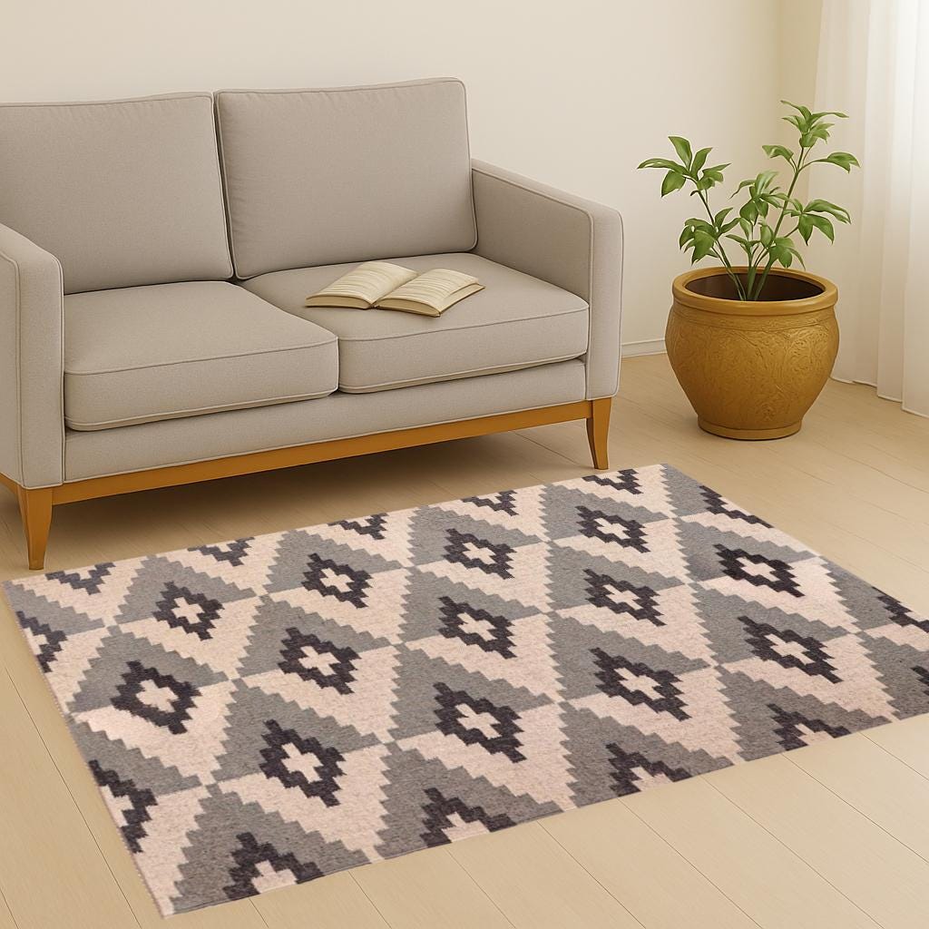 6x9 Feet Handmade Wool Jute Rug, Navajo kilim Rug, Black Gold kilim carpet, Black & White Rug, Outdoor/ Indoor Rug/ Living Room Rug