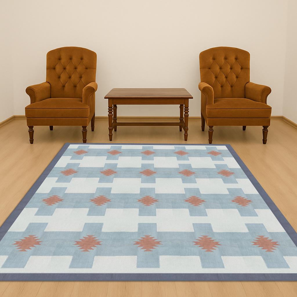 Flatweave Kilim Rug 5x8-9x12, Hand Woven Cotton Geometric Blue Boho Rug, Modern Area Carpet for Living Room