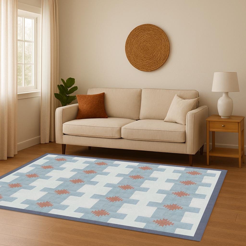 Flatweave Kilim Rug 5x8-9x12, Hand Woven Cotton Geometric Blue Boho Rug, Modern Area Carpet for Living Room