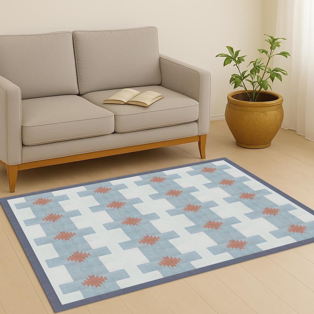 Flatweave Kilim Rug 5x8-9x12, Hand Woven Cotton Geometric Blue Boho Rug, Modern Area Carpet for Living Room