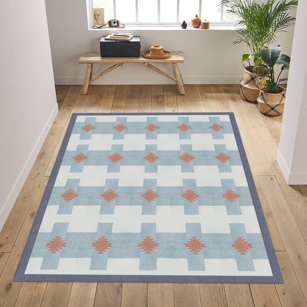 Flatweave Kilim Rug 5x8-9x12, Hand Woven Cotton Geometric Blue Boho Rug, Modern Area Carpet for Living Room