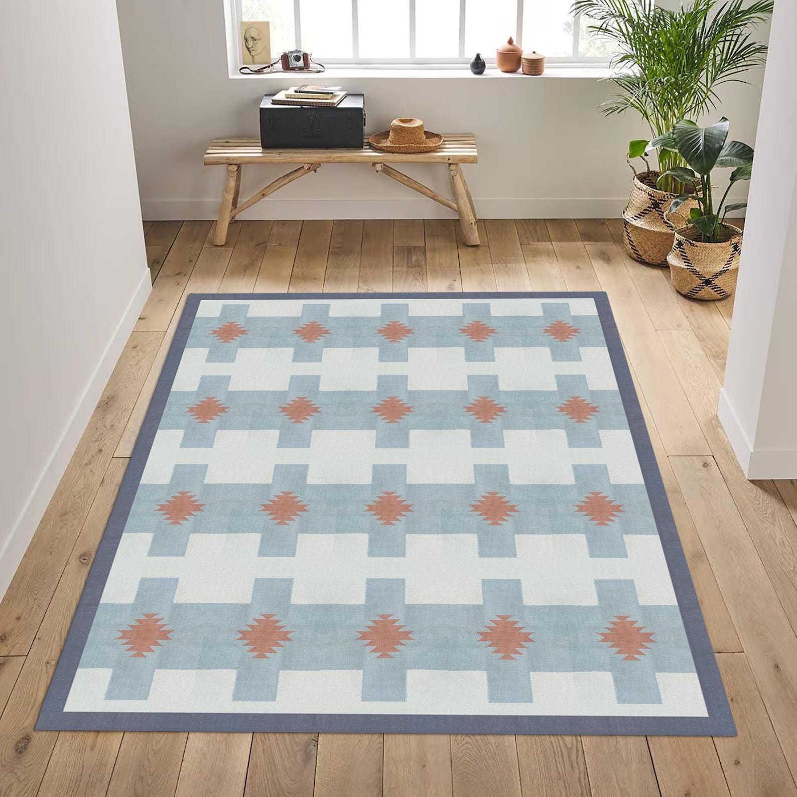 Flatweave Kilim Rug 5x8-9x12, Hand Woven Cotton Geometric Blue Boho Rug, Modern Area Carpet for Living Room