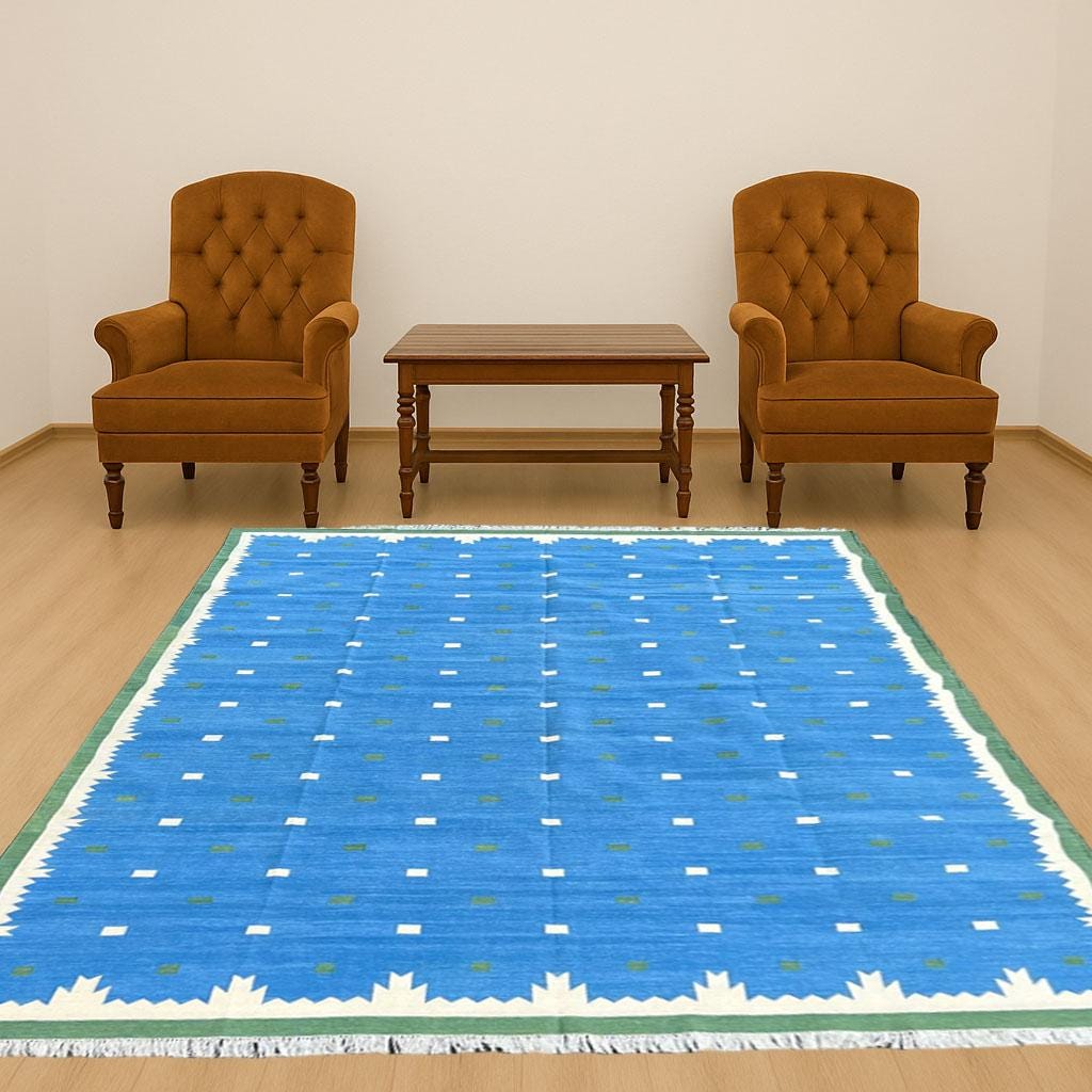Modern Handmade Cotton Area Flat Weave Rug, Blue Area Rug, Blue Cotton Rug,Hand and Flat Weave panja Dhurrie Rug, Cotton Reversible Rug