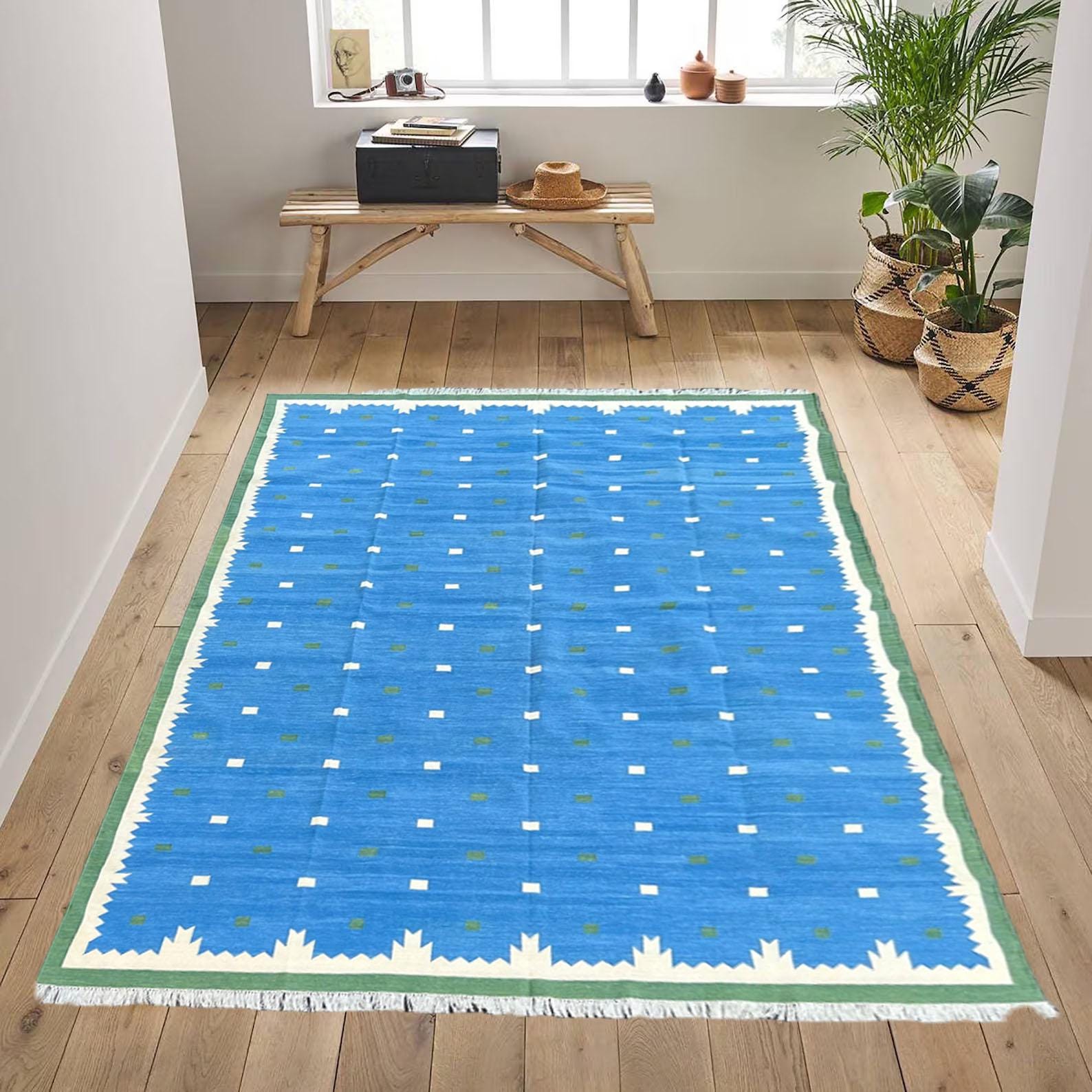 Modern Handmade Cotton Area Flat Weave Rug, Blue Area Rug, Blue Cotton Rug,Hand and Flat Weave panja Dhurrie Rug, Cotton Reversible Rug