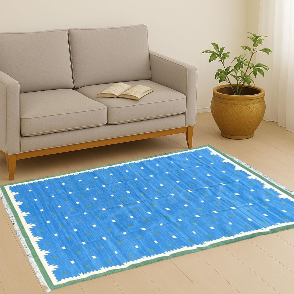 Modern Handmade Cotton Area Flat Weave Rug, Blue Area Rug, Blue Cotton Rug,Hand and Flat Weave panja Dhurrie Rug, Cotton Reversible Rug