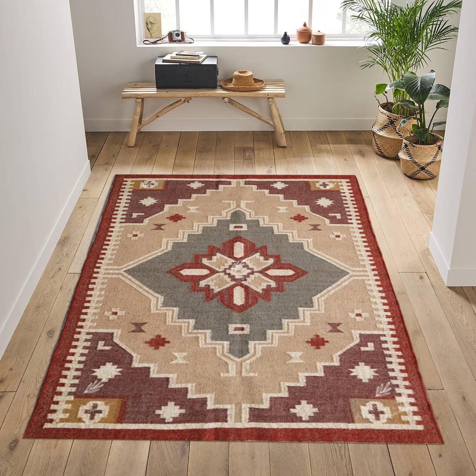 Indian Handmade Multicolor Wool Jute Kilim Rug,Handmade Dhurrie Rug Bohemian Rug Vintage Floor Rug |  Geometric Rugs | Indian Handwoven Rug