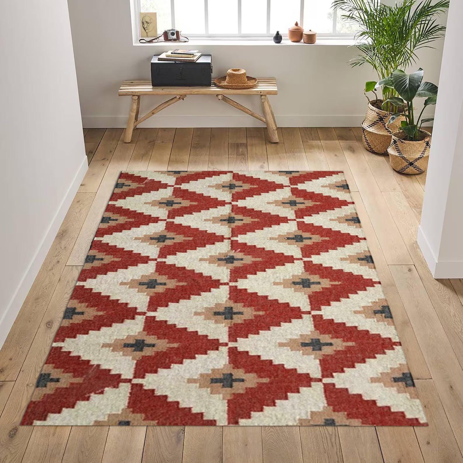 Handwoven Wool & Jute Kilim Rug - Traditional Indian Dhurrie, Eco-Friendly Area Rug for Living Room Bedroom Decor