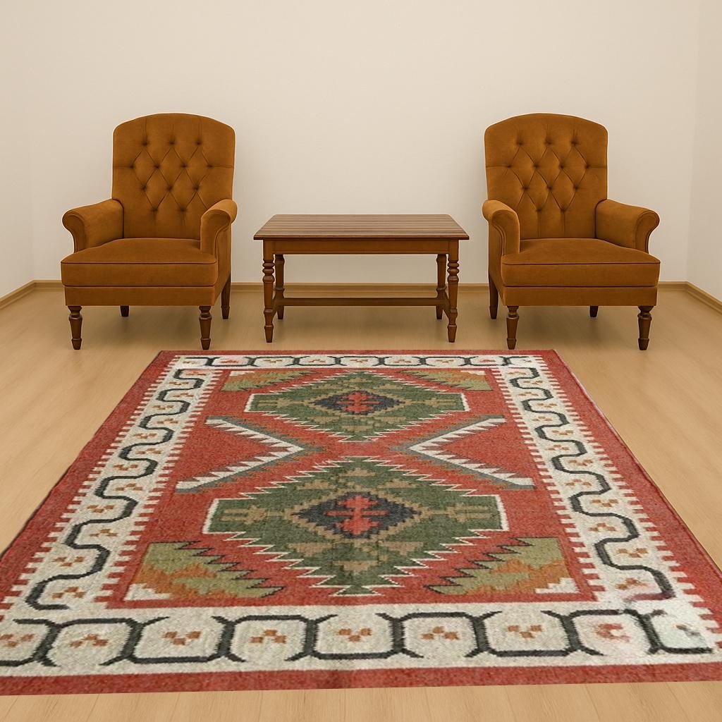 Handmade Wool and Jute Rug - Kilim Dhurrie Traditional Indian Floor Decor, Durable Natural Fiber Carpet, Boho Area Rug