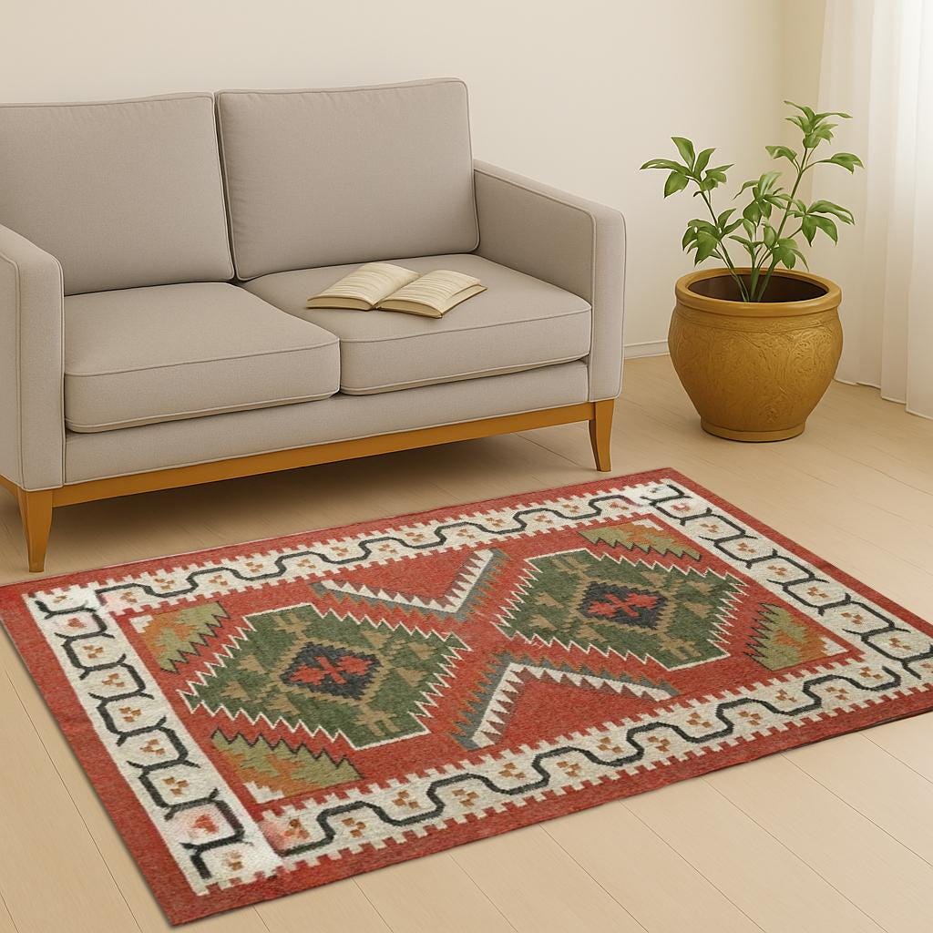 Handmade Wool and Jute Rug - Kilim Dhurrie Traditional Indian Floor Decor, Durable Natural Fiber Carpet, Boho Area Rug
