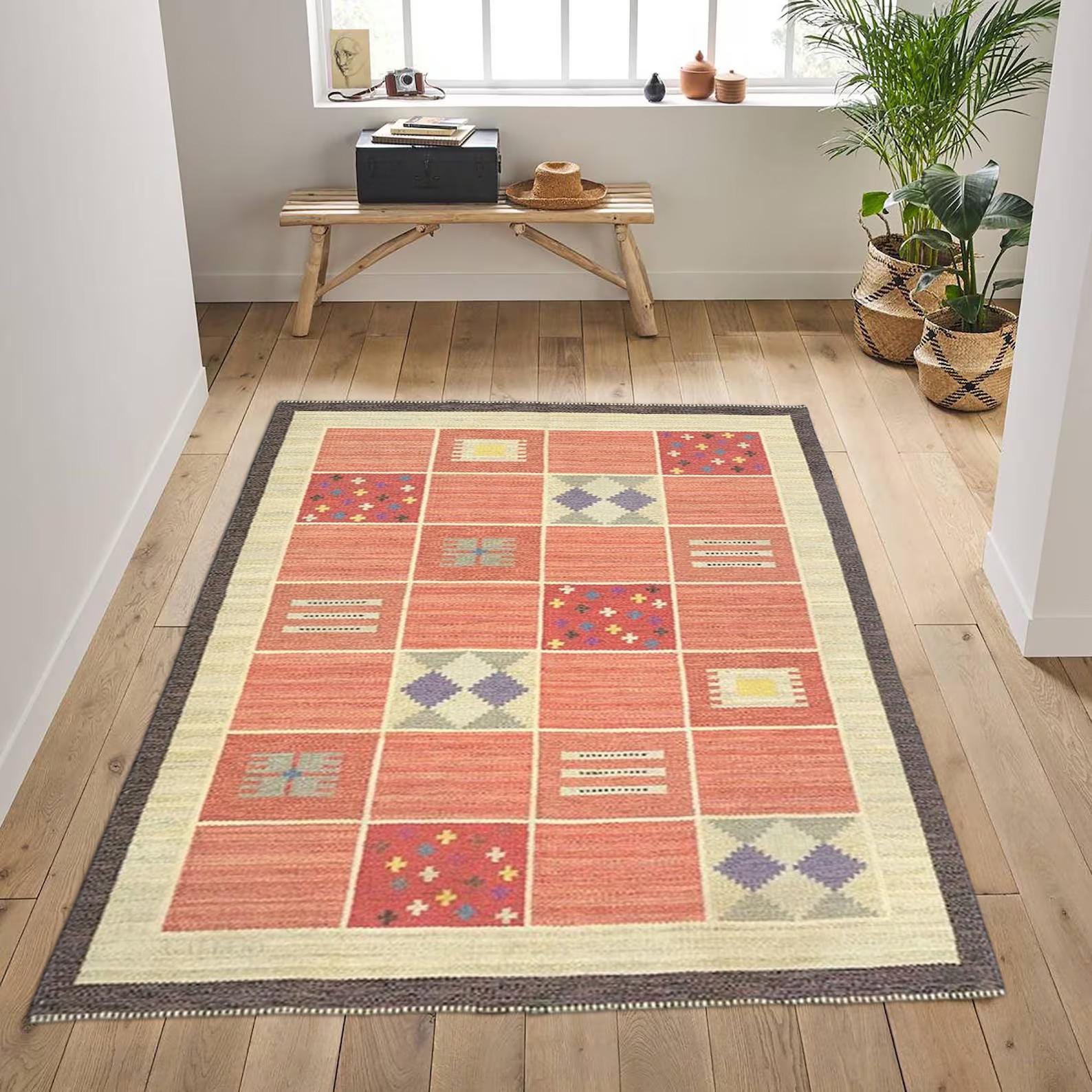 Orange Kilim Rug Handwoven Flatweave Carpet Bohemian Area Rug Vintage Moroccan Style Floor Decor