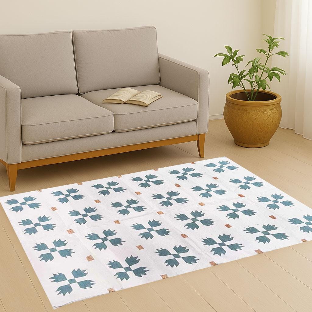 9x12 Ft Cotton Flatweave Area Rug- White and green flowers Hand Woven rugs, Custom Rug, Living Room Rugs, Bedroom Rugs, Area Rugs