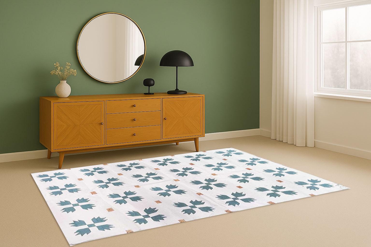 9x12 Ft Cotton Flatweave Area Rug- White and green flowers Hand Woven rugs, Custom Rug, Living Room Rugs, Bedroom Rugs, Area Rugs