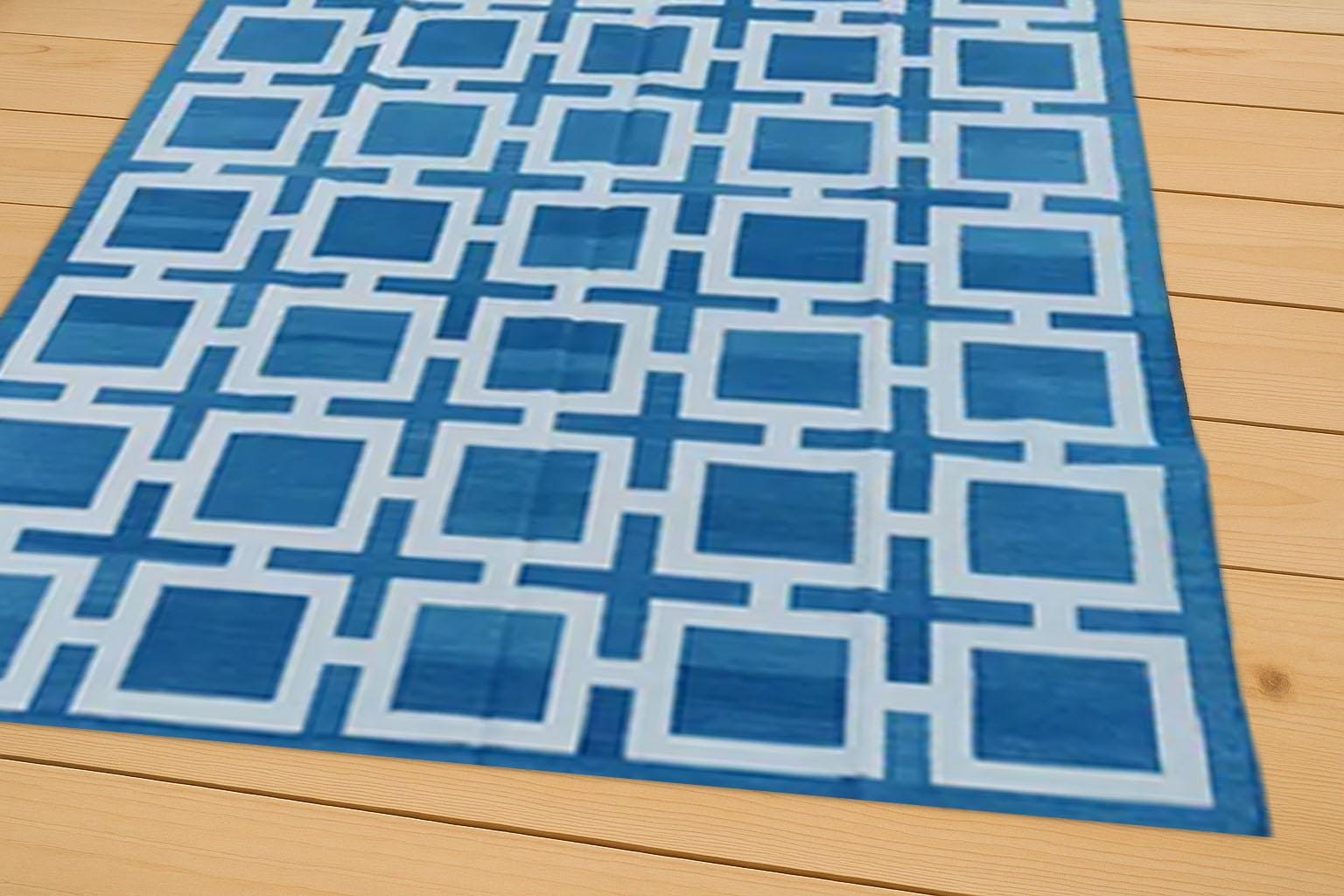Handmade Flat Weave Rug, Cotton Blue and white Color Rug- Custom Size Area Dhurrie,Home & Living Room,Bedroom Rug,Hallway Floor Rug