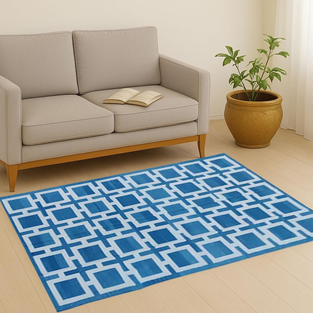 Handmade Flat Weave Rug, Cotton Blue and white Color Rug- Custom Size Area Dhurrie,Home & Living Room,Bedroom Rug,Hallway Floor Rug