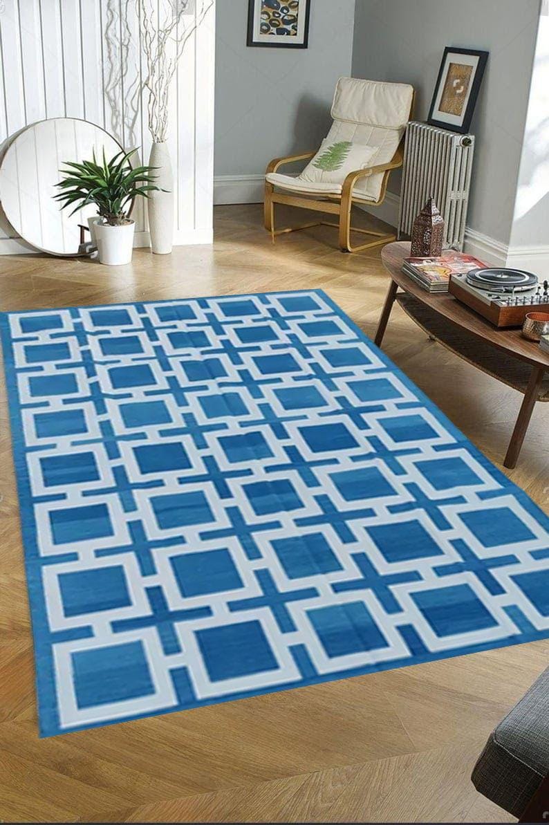 Handmade Flat Weave Rug, Cotton Blue and white Color Rug- Custom Size Area Dhurrie,Home & Living Room,Bedroom Rug,Hallway Floor Rug