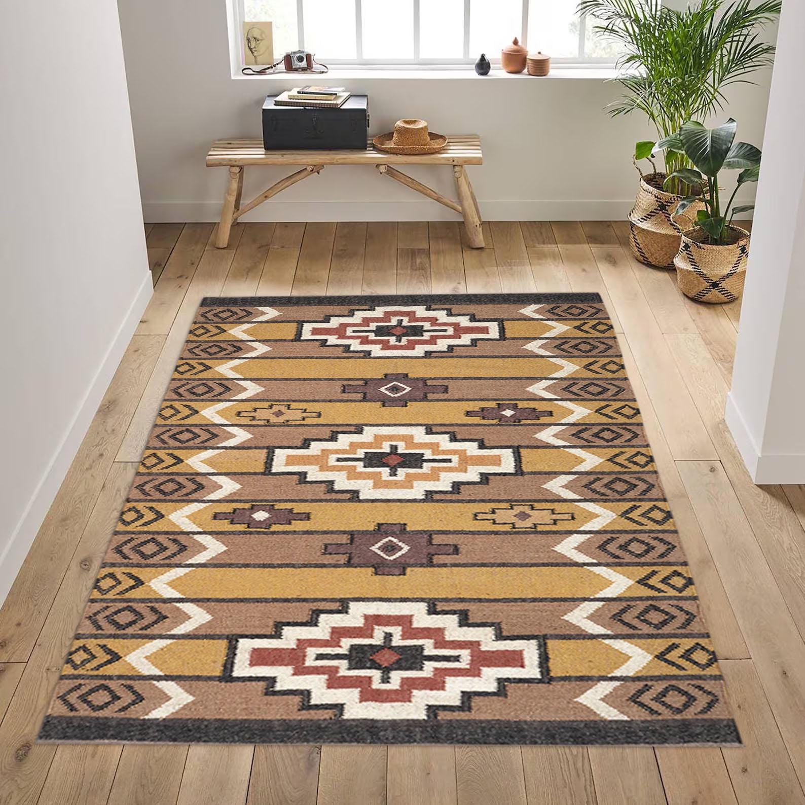 Kilim Rug | Bohemian Indian Jute Rug| Handmade | Wool and Jute Rug | Turkish Kilim Rug | Handwoven Wool Flat Weave Accent Rug for Entryway