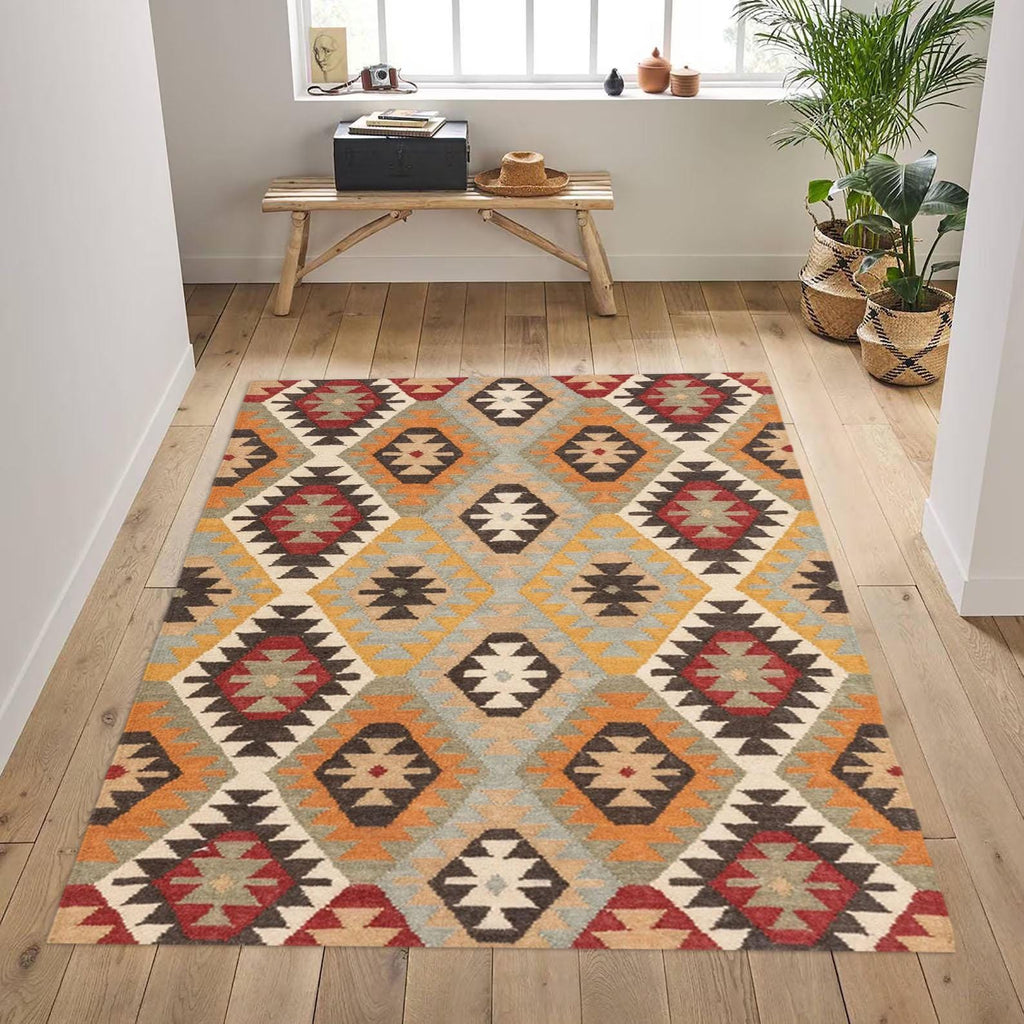 Handwoven Wool Jute Kilim Rug - Traditional Bohemian Area Rug - Dhurrie Flatweave Carpet for Living Room Bedroom Decor