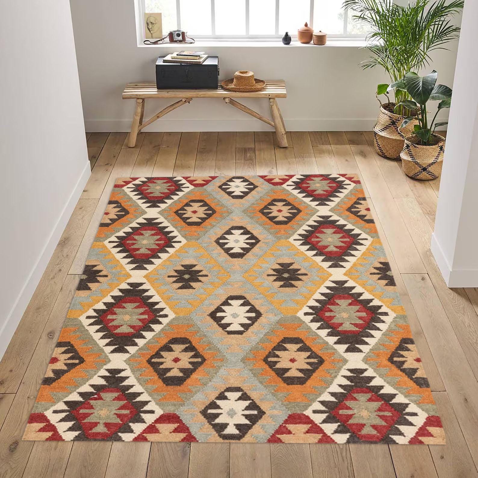 Handwoven Wool Jute Kilim Rug - Traditional Bohemian Area Rug - Dhurrie Flatweave Carpet for Living Room Bedroom Decor
