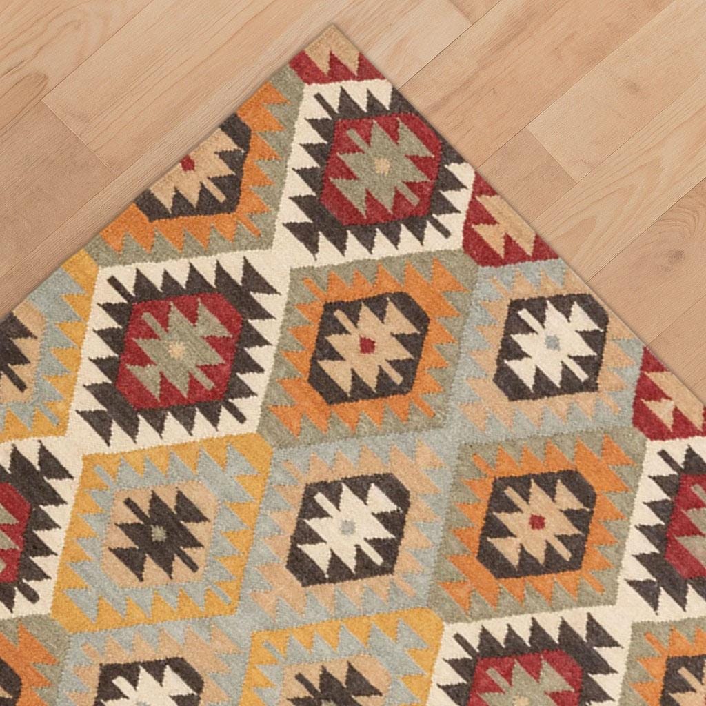 Handwoven Wool Jute Kilim Rug - Traditional Bohemian Area Rug - Dhurrie Flatweave Carpet for Living Room Bedroom Decor