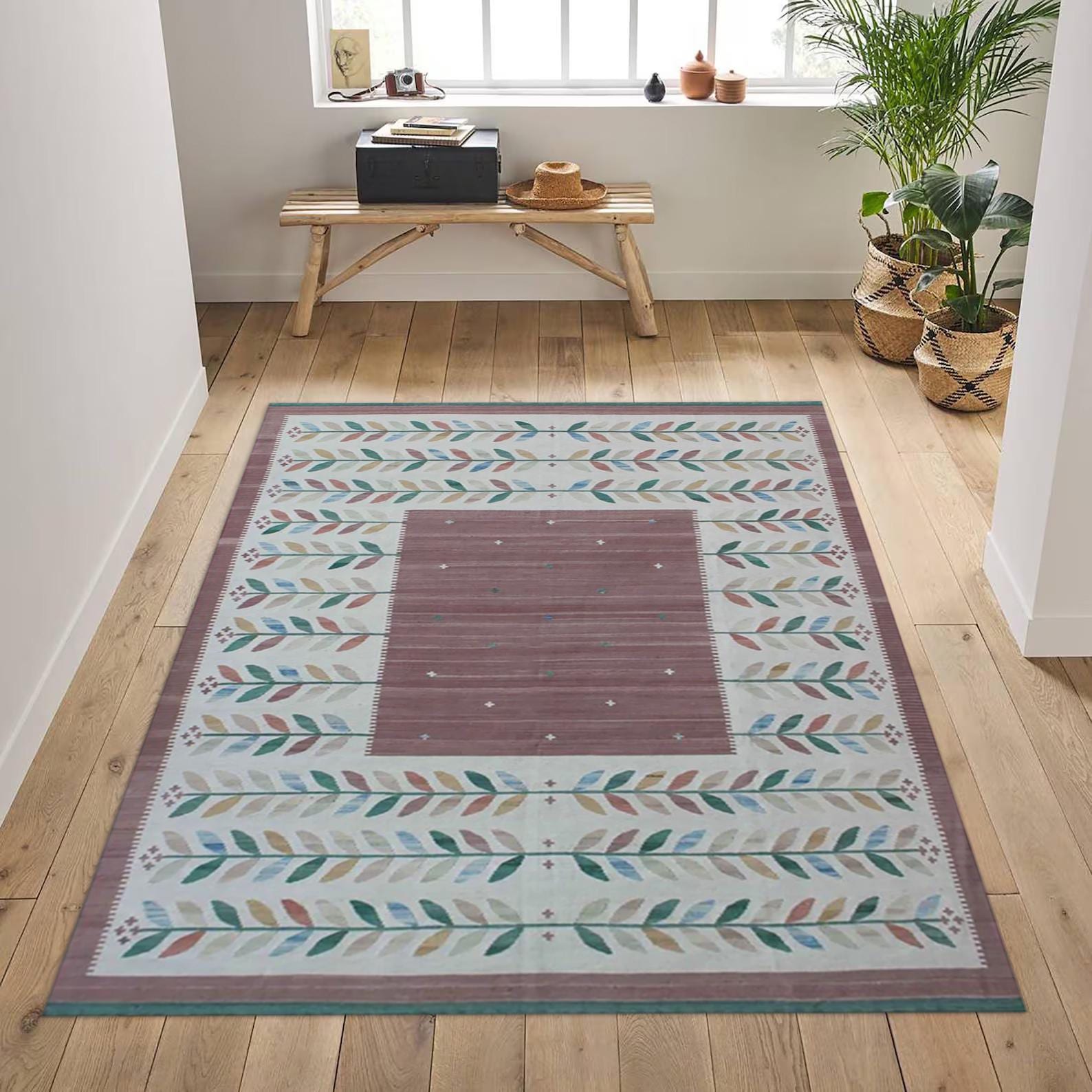 Handmade Botanical Leaf Pattern Area Rug | Green & White Modern Farmhouse Mat | Unique Home Decor Floor Covering | scandinavian kilim rugs