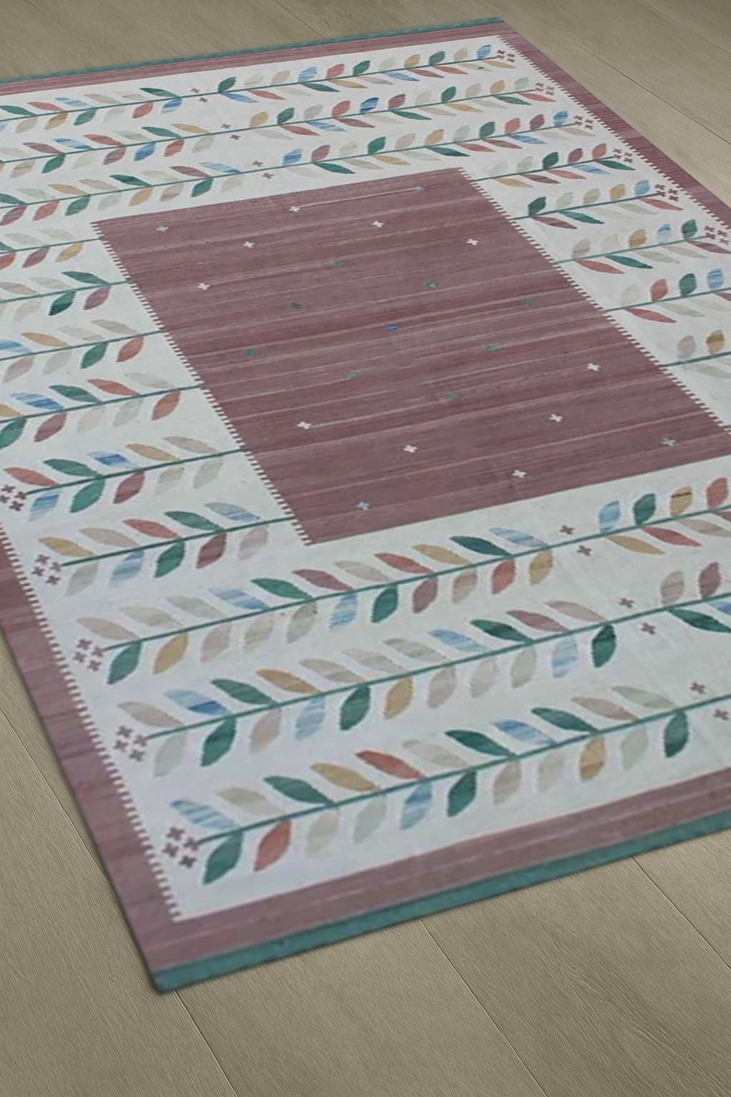 Handmade Botanical Leaf Pattern Area Rug | Green & White Modern Farmhouse Mat | Unique Home Decor Floor Covering | scandinavian kilim rugs