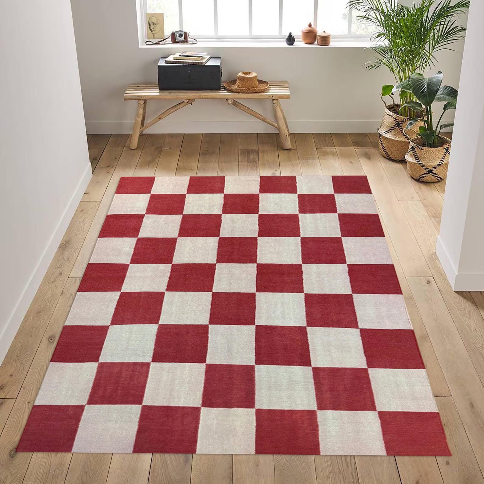 Checkered Jute Rug, Custom Size Runner Rug, Hallway Runner, Boho Jute Rug, Handmade red and Natural Hemp Jute Rungs Extra Large Jute Rugs