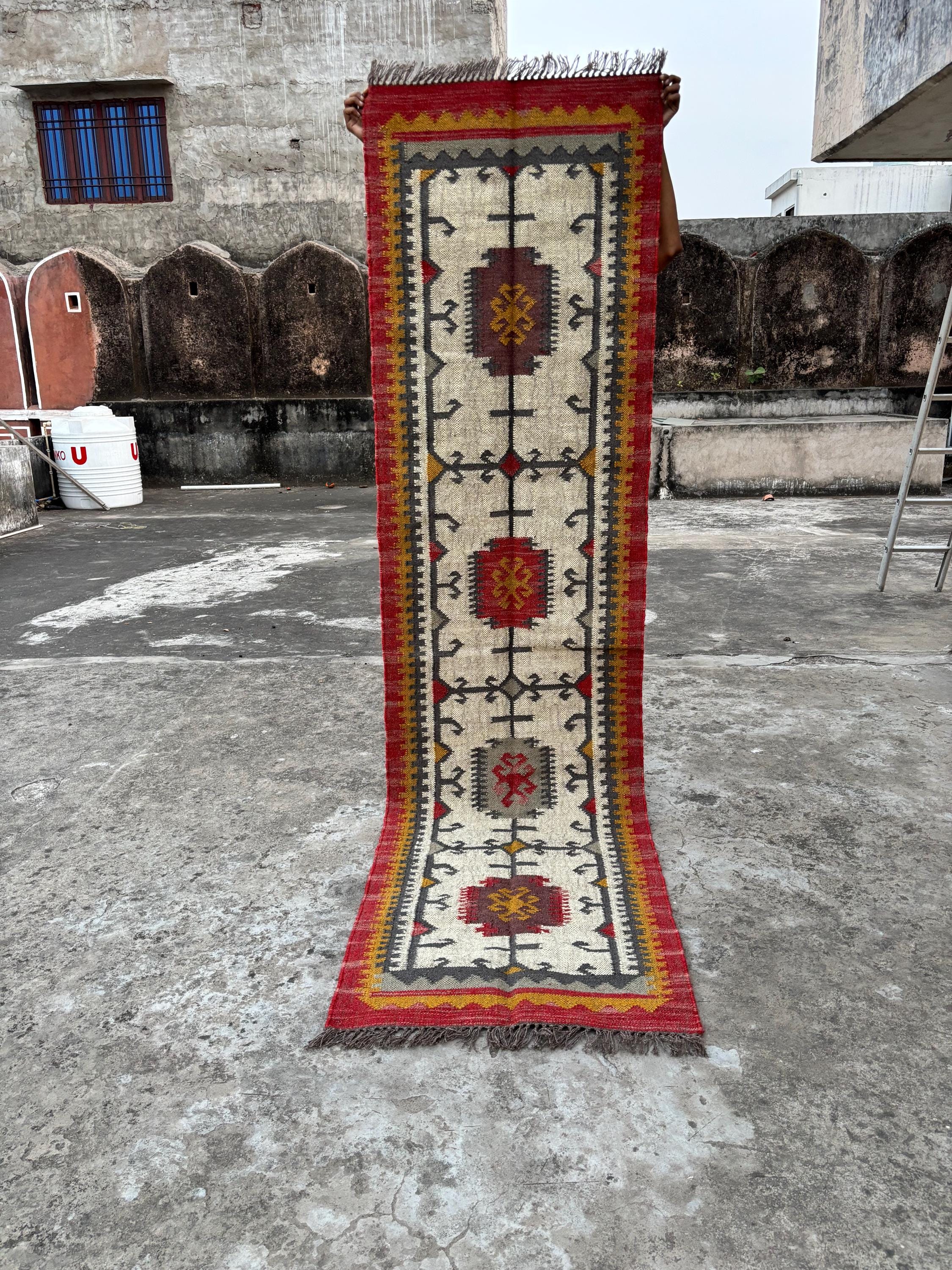 Handmade Kilim Stair Runner, Jute Hallway & Kitchen Decor, Bohemian Eco Friendly Wool Jute Kilim Runner, Traditional Indian Jute Area rug