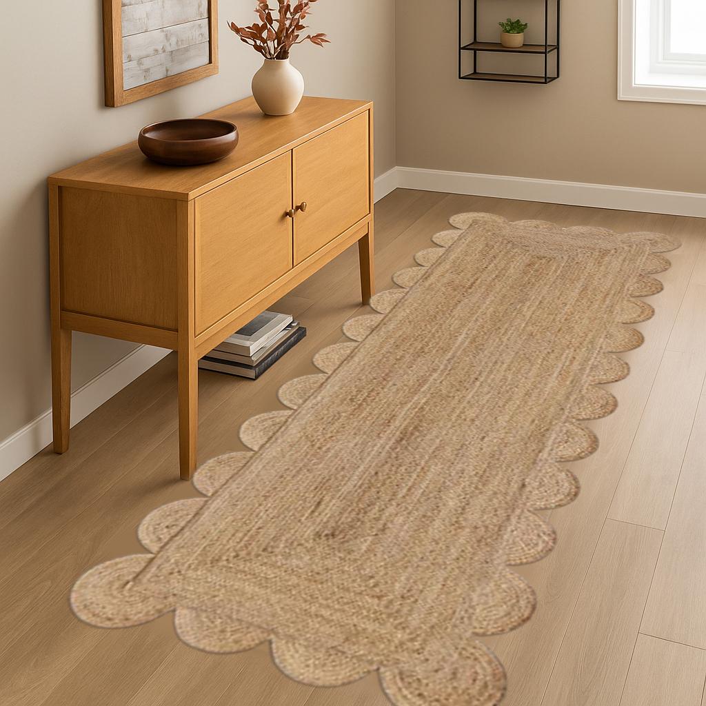 Jute Runner Rug - Scalloped Runner Rug, Bohemian Scallop Rug, Natural Jute Rug,